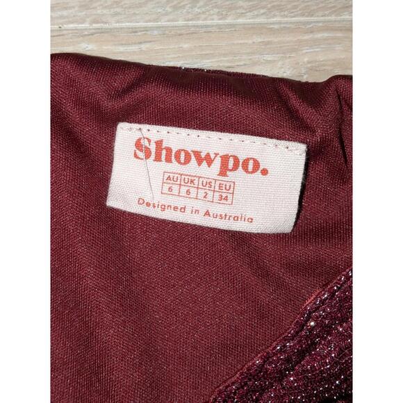 Showpo Burgundy Glitter Ruched Bodycon Mini Dress W/ Sheer Long Sleeves Sz 2 - Picture 4 of 9